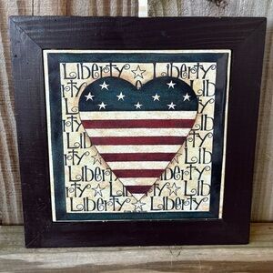 Vintage 1996 Beth Yarbrough Liberty Heart Folkart Framed Ceramic Tile Trivet 8”
